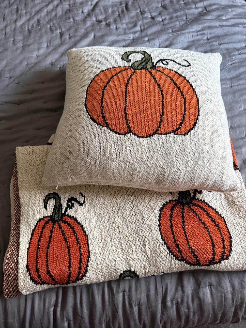 Max Studio Cream Knit Throw and Pillow with Orange Pumpkin Motif